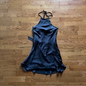 MESHKI Atlas Satin Bow Mini Dress Black NWT Halter Low Open Back XXS Short Tank